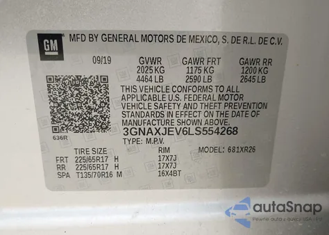 2020 Chevrolet Equinox Fwd 2Fl from USA, damaged, VIN 3GNAXJEV6LS554268